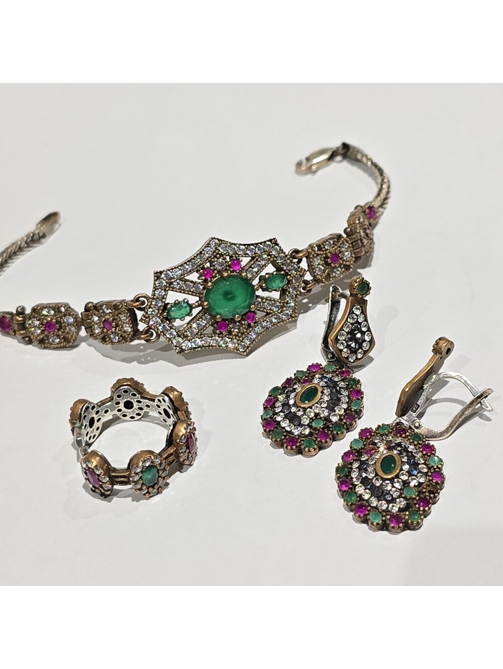 Vintage Sterling Silver green stone and Ruby Earrings Ring Bracelet set